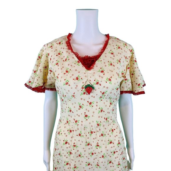 Vintage 70s Maxi Dress Women's Extra Small Red Floral Print Flutter Sleeves - Picture 3 of 10